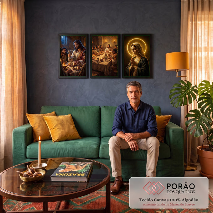Quadro Decorativo Kit 3 Telas Última Ceia para Sala Marrom | quadros decorativos para sala de estar | Última Ceia com Jesus e apóstolos ao lado de Nossa Senhora em oração com halo dourado | em ambiente 3 | Porao dos Quadros