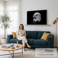 Águia de cabeça branca de perfil em fotografia preto e branco sobre fundo preto, quadro decorativo