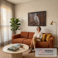 Quadro Decorativo Grande Águia Branca para Sala Branco | quadros decorativos para sala de estar | águia branca de bico amarelo pousada em galho seco com folhagem outonal ao fundo | em ambiente 3 | Porao dos Quadros