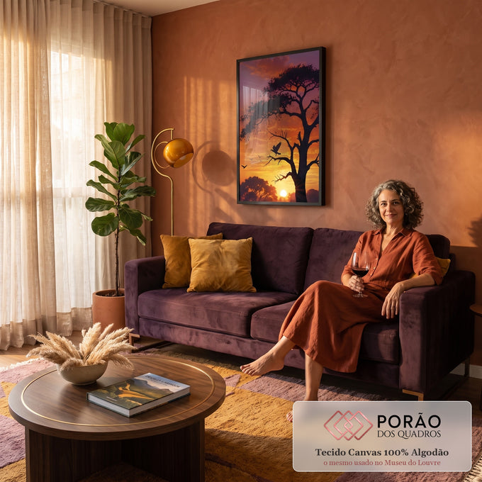 Árvore da savana em silhueta com pássaro em voo sob céu laranja de pôr do sol, quadro decorativo