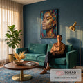 Mulher negra de olhos fechados com folha dourada rendada no rosto e fundo azul em óleo, quadro decorativo