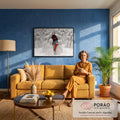 Quadro Decorativo Grande Mulher de Vermelho para Sala Branco | quadros decorativos para sala de estar | mulher de vermelho e preto recostada entre estátuas brancas rachadas com lábios vermelhos | em ambiente 3 | Porao dos Quadros