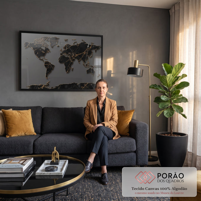 Quadro Decorativo Grande Mapa Mundi para Sala Preto | quadros decorativos para sala de estar | mapa-múndi em textura de mármore preto com contornos dourados sobre fundo cinza | em ambiente 3 | Porao dos Quadros