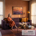 Quadro Decorativo Grande Corvos em Árvore para Sala Laranja | quadros decorativos para sala de estar | corvos em silhueta sobre árvores secas com céu laranja e roxo ao pôr do sol | em ambiente 3 | Porao dos Quadros