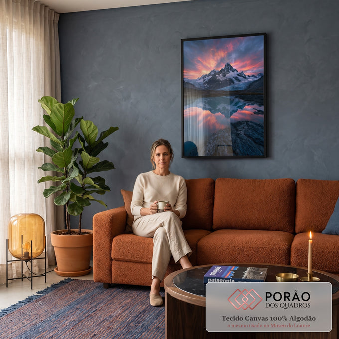Montanha nevada com geleira sob céu laranja de pôr do sol refletida em lago azul, quadro decorativo