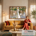 Quadro Decorativo Grande Mulher com Cisnes para Sala Branco | quadros decorativos para sala de estar | mulher elegante de branco com chapéu observando cisnes em lago no parque | em ambiente 3 | Porao dos Quadros