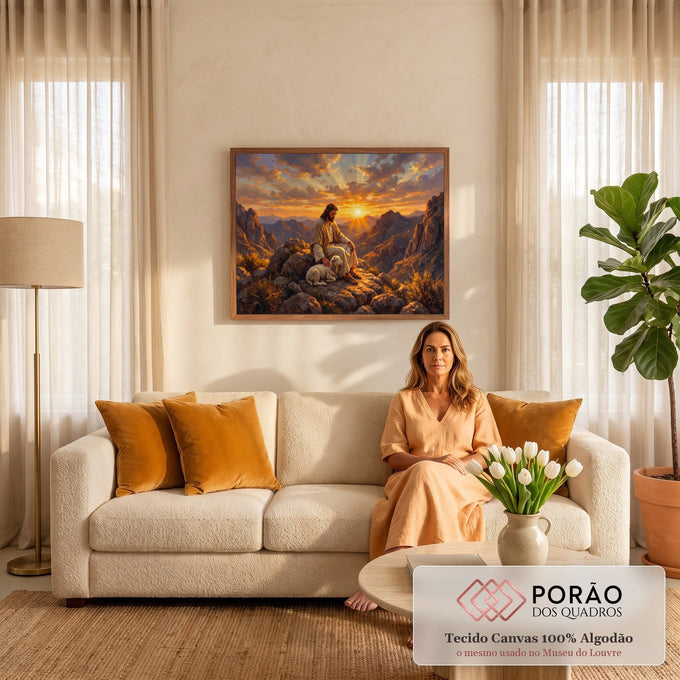 Jesus sentado na montanha fazendo carinho em um cordeiro ao pôr do sol, pintura a óleo, quadro decorativo