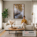 Quadro Decorativo Bétulas Douradas na Névoa Refletidas | quadros decorativos para sala de estar | fileira de bétulas com folhas douradas refletidas num rio coberto de névoa | em Quadros para Quarto | Porao dos Quadros