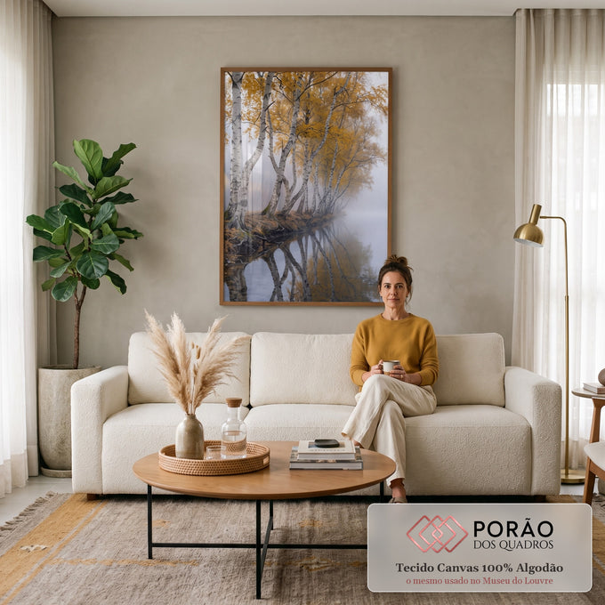 Quadro Decorativo Bétulas Douradas na Névoa Refletidas | quadros decorativos para sala de estar | fileira de bétulas com folhas douradas refletidas num rio coberto de névoa | em Quadros para Quarto | Porao dos Quadros