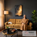 Quadro Decorativo Grande Rosto Divino para Sala Dourado | quadros decorativos para sala de estar | rosto divino formado em nuvens douradas sobre crucifixo em penhasco ao entardecer | em ambiente 3 | Porao dos Quadros