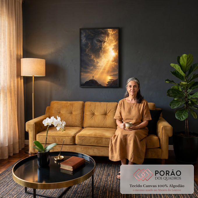 Quadro Decorativo Grande Rosto Divino para Sala Dourado | quadros decorativos para sala de estar | rosto divino formado em nuvens douradas sobre crucifixo em penhasco ao entardecer | em ambiente 3 | Porao dos Quadros