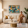 Quadro Decorativo Grande Gato Preto para Sala Dourado | quadros decorativos para sala de estar | gato preto e branco estilizado com padrões dourados sobre fundo em mosaico colorido | em ambiente 3 | Porao dos Quadros