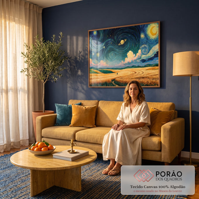 Quadro Decorativo Grande Céu Estrelado para Sala Azul | quadros decorativos para sala de estar | céu em espirais azuis com lua, planeta e estrelas sobre campo de trigo dourado | em ambiente 3 | Porao dos Quadros