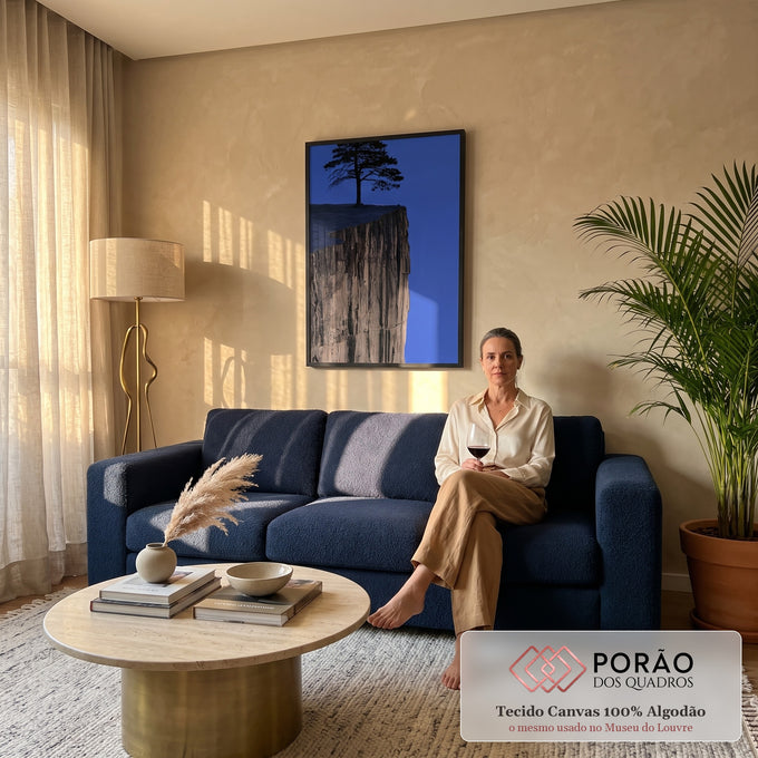 Quadro Decorativo Pinheiro Solitário no Penhasco com Céu | quadros decorativos para sala de estar | pinheiro em silhueta sobre penhasco rochoso com céu azul profundo ao fundo | em ambiente 3 | Porao dos Quadros