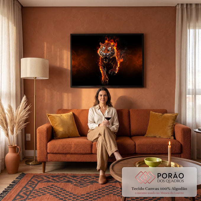 Tigre rugindo e avançando envolto em chamas laranja sobre fundo preto com fumaça, quadro decorativo
