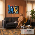 Quadro Decorativo Grande Rosto Cubista Azul para Sala | quadros decorativos para sala de estar | rosto cubista dividido em azul e laranja com padrões tribais coloridos ao fundo | em ambiente 3 | Porao dos Quadros
