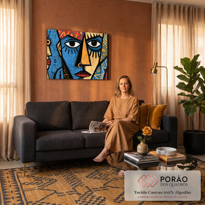 Quadro Decorativo Grande Rosto Cubista Azul para Sala | quadros decorativos para sala de estar | rosto cubista dividido em azul e laranja com padrões tribais coloridos ao fundo | em ambiente 3 | Porao dos Quadros