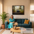 Quadro Decorativo Grande Carro Esportivo Floresta para Sala | quadros decorativos para sala de estar | carro esportivo azul visto de trás em estrada enevoada dentro de floresta | em ambiente 3 | Porao dos Quadros
