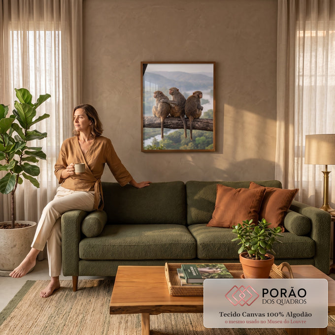 Quadro Decorativo Grande Três Macacos para Sala Marrom | quadros decorativos para sala de estar | três macacos sentados num galho com paisagem de rio e colinas ao fundo | em ambiente 3 | Porao dos Quadros