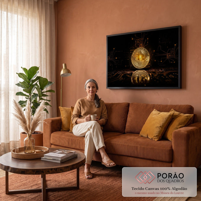Quadro Decorativo Grande Moeda de Bitcoin para Escritório | quadros decorativos para sala de estar | moeda de Bitcoin dourada sobre placa de circuito eletrônico iluminada | em ambiente 3 | Porao dos Quadros