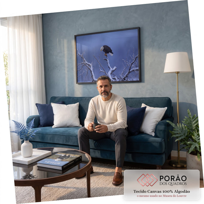 Quadro Decorativo Grande Águia Galho Nevado para Sala | quadros decorativos para sala de estar | águia americana pousada em galho nevado contra céu azul de entardecer | em ambiente 3 | Porao dos Quadros