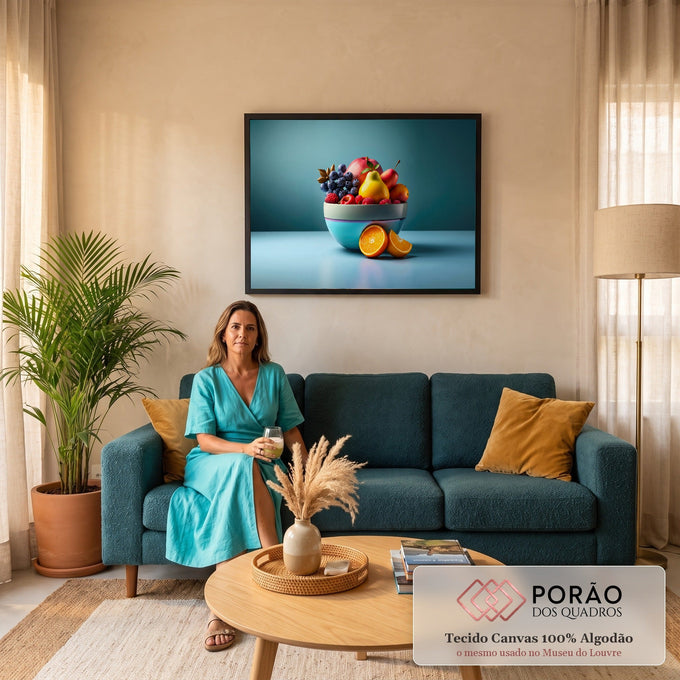 Tigela com mirtilos, pera, maçã, framboesas e laranjas cortadas em fundo azul-petróleo, quadro decorativo