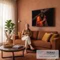 Pintura a óleo de Jesus Cristo com coroa de espinhos e manto laranja carregando a cruz, quadro decorativo