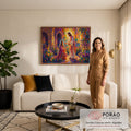 Jesus ressuscitado estende as mãos a Maria Madalena ajoelhada em jardim florido roxo, quadro decorativo