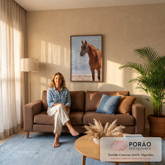 Cavalo castanho com cabresto azul na praia, mar ao fundo, pintura realista, quadro decorativo