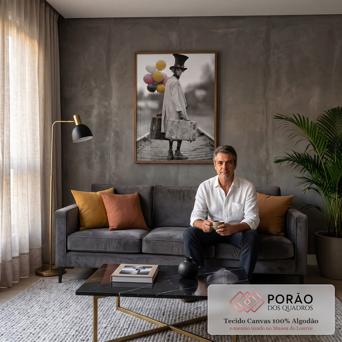 Mímico de cartola com malas antigas e balões coloridos sobre trilhos, foto preto e branco, quadro decorativo