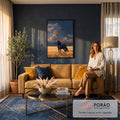 Cavalo preto em campo de trigo dourado sob nuvens de tempestade ao entardecer, quadro decorativo