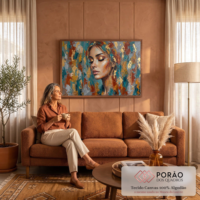 Rosto feminino de olhos fechados em pinceladas de espátula com folha de ouro, azul e terracota, quadro decorativo