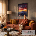 Pico nevado sob céu de nuvens vermelhas ao pôr do sol com pequeno lago refletindo, quadro decorativo