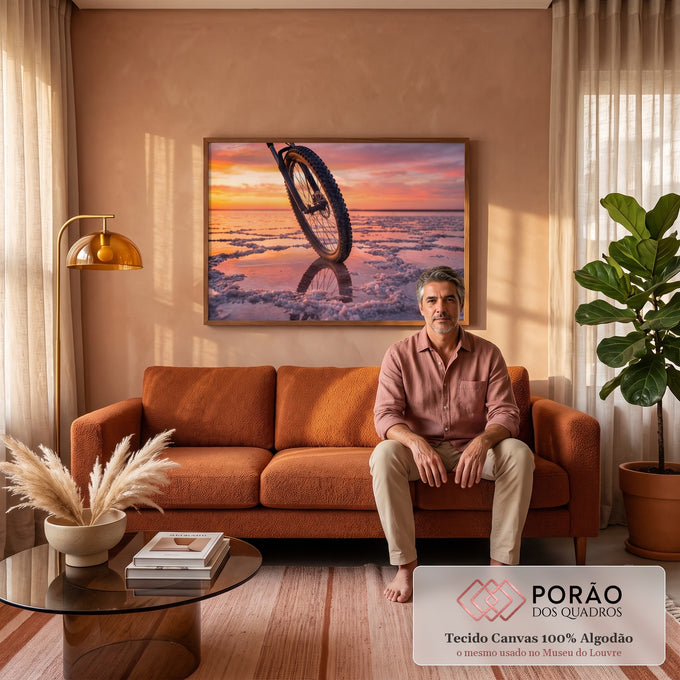 Quadro Decorativo Grande Bicicleta no Pôr do Sol para Sala | quadros decorativos para sala de estar | roda de bicicleta em destaque sobre salar refletindo pôr do sol colorido | em ambiente 3 | Porao dos Quadros