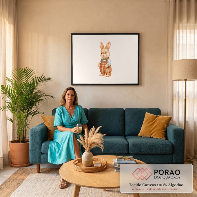 Quadro Decorativo Grande Coelhinho para Quarto de Bebê | quadros decorativos para sala de estar | coelho em aquarela com suspensório xadrez, camisa azul e gravata borboleta verde | em ambiente 3 | Porao dos Quadros