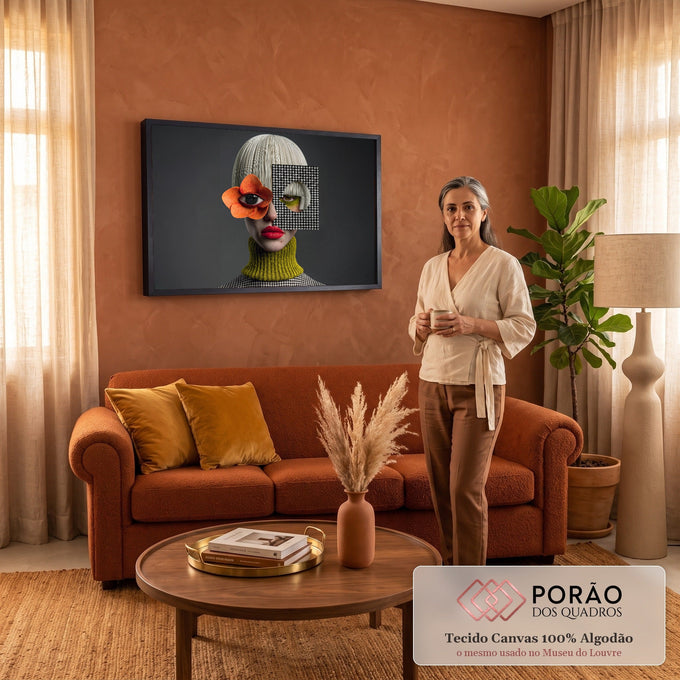 Mulher surreal com flor laranja no olho, batom vermelho e recorte pied-de-poule em fundo cinza, quadro decorativo