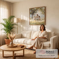 Quadro Decorativo Grande Jesus Brincando para Sala Branco | quadros decorativos para sala de estar | homem de túnica branca sorrindo com duas meninas num campo iluminado por luz dourada | em ambiente 3 | Porao dos Quadros
