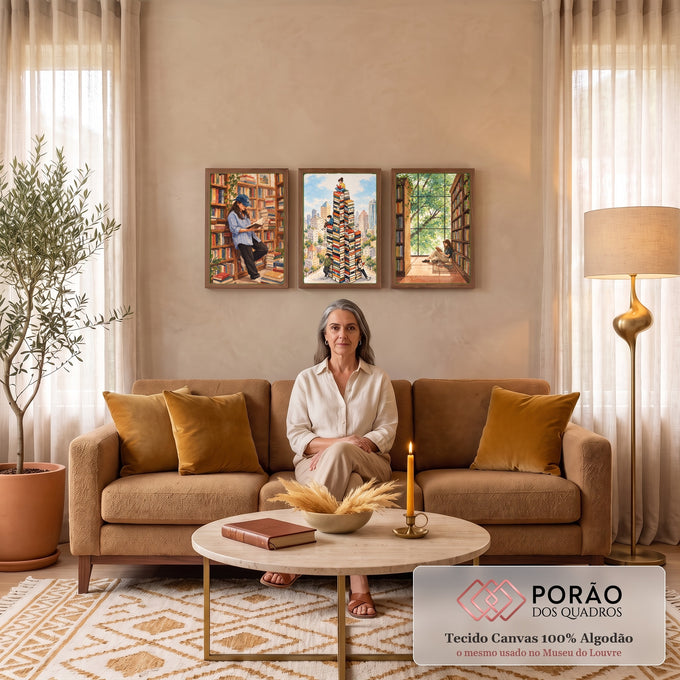 Quadro Decorativo Kit 3 Telas Livros e Leitura para Sala | quadros decorativos para sala de estar | pessoas lendo em meio a livros empilhados e estantes, estilo aquarela em tons terrosos | em ambiente 3 | Porao dos Quadros