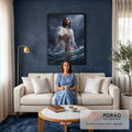 Quadro Decorativo Grande Jesus Salvando para Sala Branco | quadros decorativos para sala de estar | homem de túnica branca segurando braço de alguém na água durante tempestade | em ambiente 3 | Porao dos Quadros