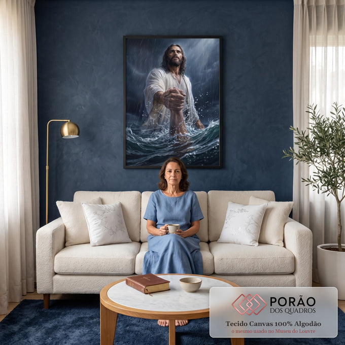 Quadro Decorativo Grande Jesus Salvando para Sala Branco | quadros decorativos para sala de estar | homem de túnica branca segurando braço de alguém na água durante tempestade | em ambiente 3 | Porao dos Quadros