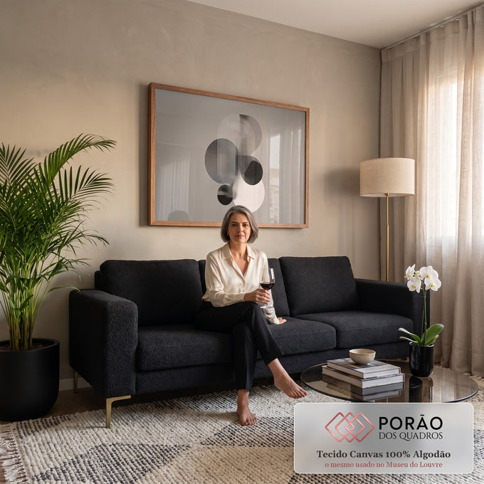 Quadro Decorativo Grande Composição para Sala Preto | quadros decorativos para sala de estar | círculos sobrepostos em preto, branco e cinza com padrão de linhas em arco | em ambiente 3 | Porao dos Quadros