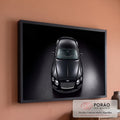 Quadro Decorativo Grande Carro Automóvel para Sala Preto | quadros decorativos para sala de estar | carro esportivo preto fotografado de cima com faróis acesos sobre fundo escuro | em ambiente 3 | Porao dos Quadros