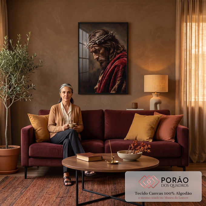 Quadro Decorativo Grande Jesus Cristo Espinhos para Sala | quadros decorativos para sala de estar | Jesus Cristo de perfil com coroa de espinhos e manto vermelho em pintura realista | em ambiente 3 | Porao dos Quadros