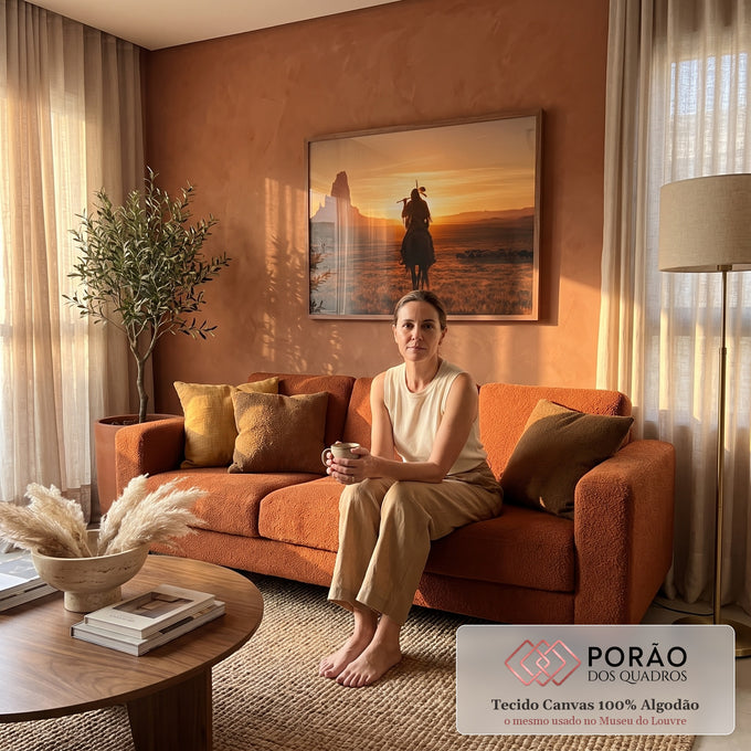 Quadro Decorativo Cavaleiro Indígena ao Pôr do Sol | quadros decorativos para sala de estar | cavaleiro indígena de costas ao pôr do sol com rocha ao fundo | em ambiente 3 | Porao dos Quadros