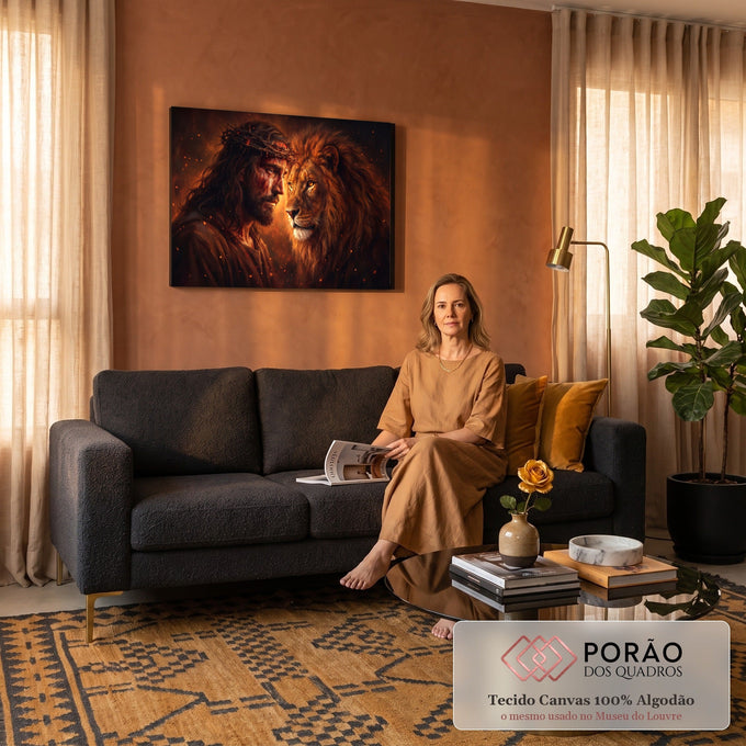 Jesus com coroa de espinhos face a face com leão de juba dourada em fundo de fogo, quadro decorativo