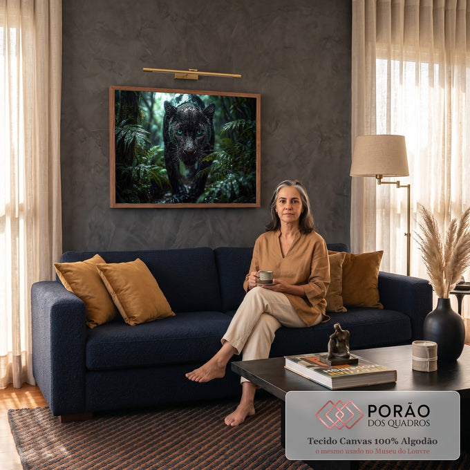 Pantera negra de olhos verdes caminhando na chuva entre folhagens da floresta tropical, quadro decorativo