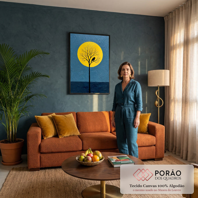 Quadro Decorativo Grande Árvore e Pássaro para Sala Amarelo | quadros decorativos para sala de estar | árvore em silhueta preta com pássaro pousado diante de lua amarela em fundo azul | em ambiente 3 | Porao dos Quadros