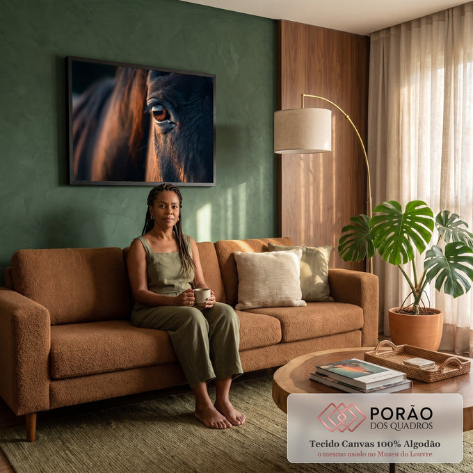 Close do olho âmbar de cavalo escuro com crina iluminada pela luz do fim de tarde, quadro decorativo