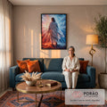 Quadro Decorativo Grande Jesus Caminhando para Sala Vermelho | quadros decorativos para sala de estar | figura de túnica branca caminhando de costas sob céu dividido em vermelho e azul | em ambiente 3 | Porao dos Quadros