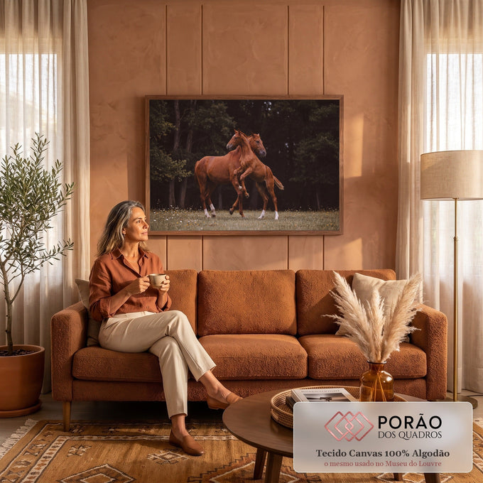 Dois cavalos alazões brincando em campo florido com floresta escura ao fundo, quadro decorativo